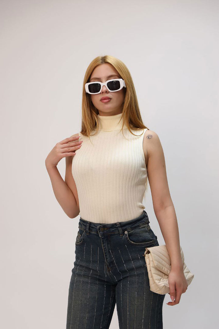 Beige Sleeveless Turtleneck Knit Sweater BCES-252012 - Round Rock