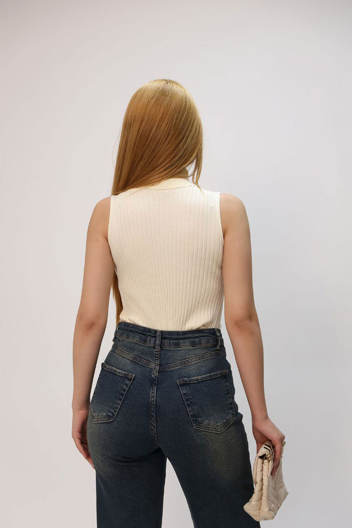 Beige Sleeveless Turtleneck Knit Sweater BCES-252012 - Round Rock