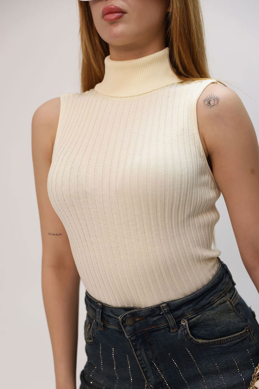Beige Sleeveless Turtleneck Knit Sweater BCES-252012 - Round Rock