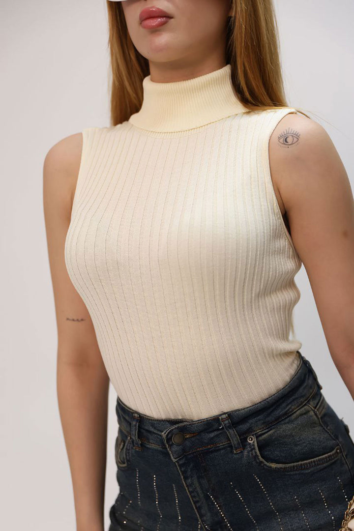 Beige Sleeveless Turtleneck Knit Sweater BCES-252012 - Round Rock