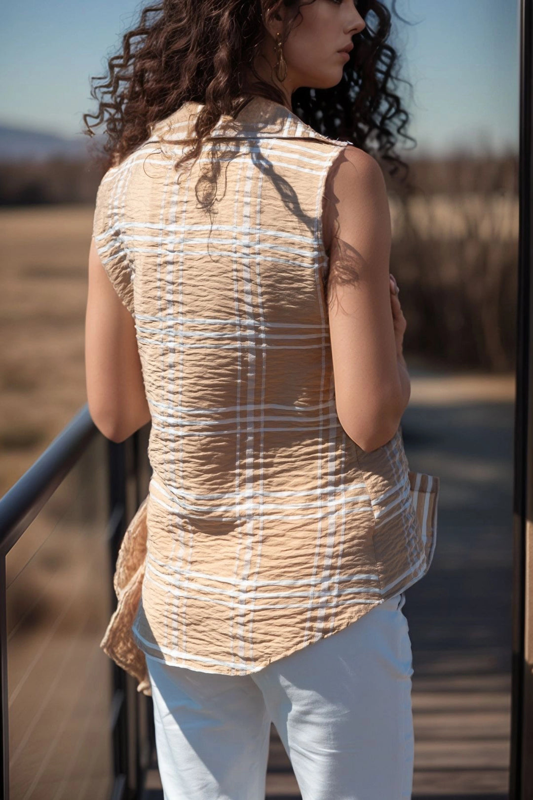Beige Sleeveless Square Pattern Special Textured Shirt BCBSK-25700-2878K - Irapuato