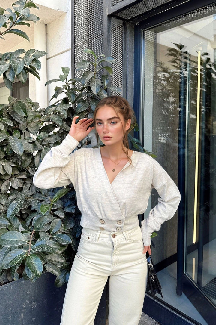 Beige Wrap Button Detailed Blouse BCBSK-25700-3489 - Reggio Emilia