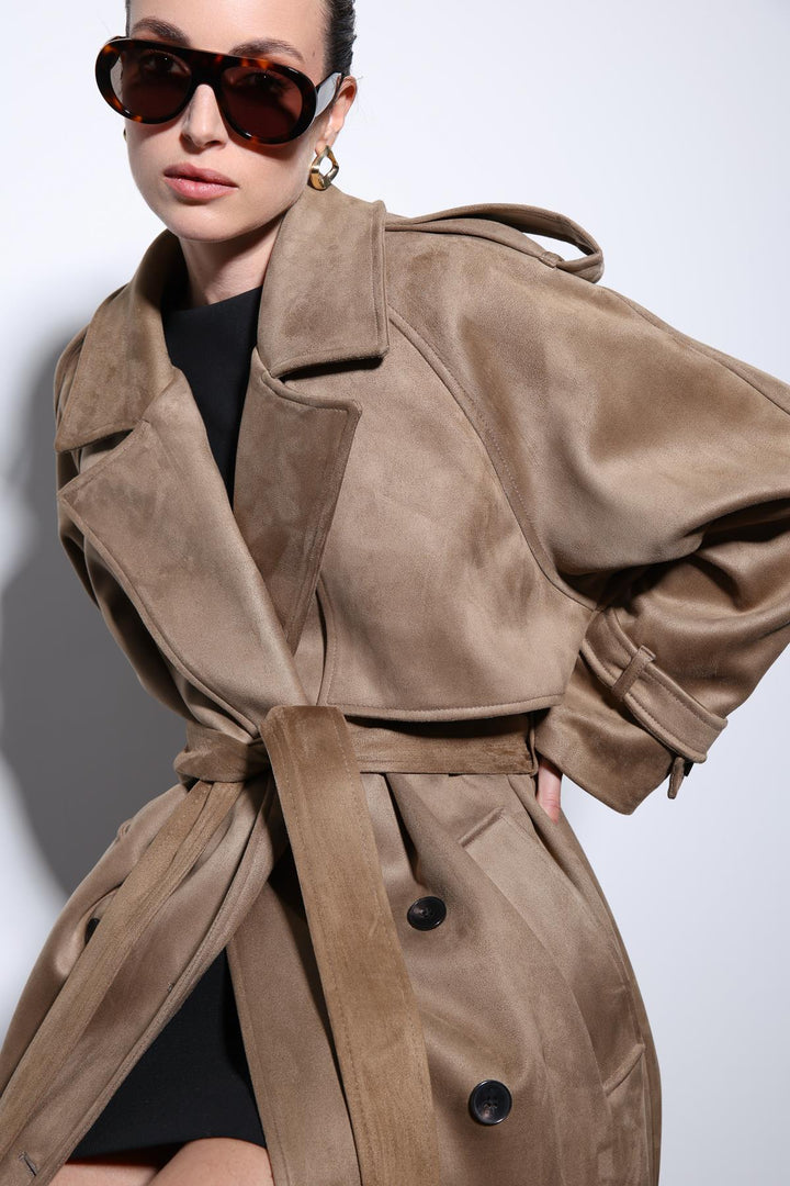 ANT Antioch Bej Kruvaze Süet Görünümlü Premium Kadın Trençkot - Sydney