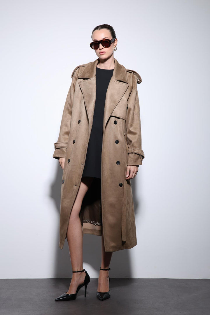 ANT Antioch Bej Kruvaze Süet Görünümlü Premium Kadın Trençkot - Sydney