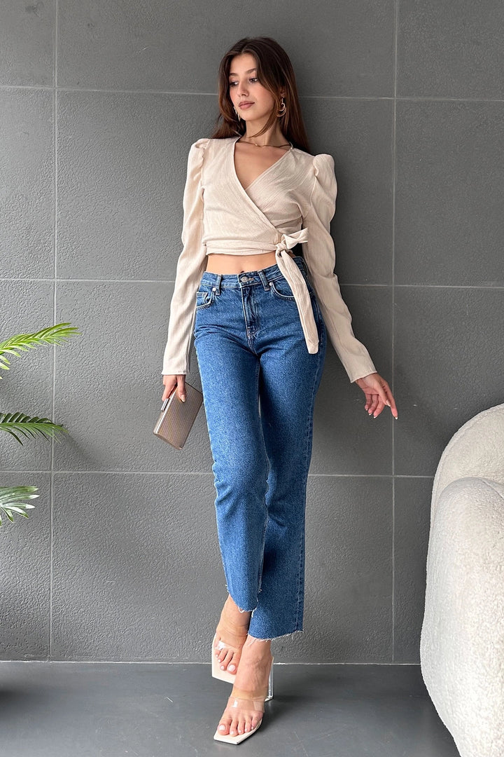 Beige Wrap Neck Belted Crop Blouse BCDF-242108 - East Ham