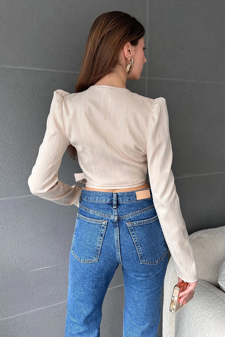 Beige Wrap Neck Belted Crop Blouse BCDF-242108 - East Ham