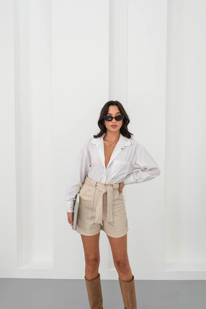 Beige Belted Wide Pocket Shorts BCHN-25260086 - Mariano Escobedo