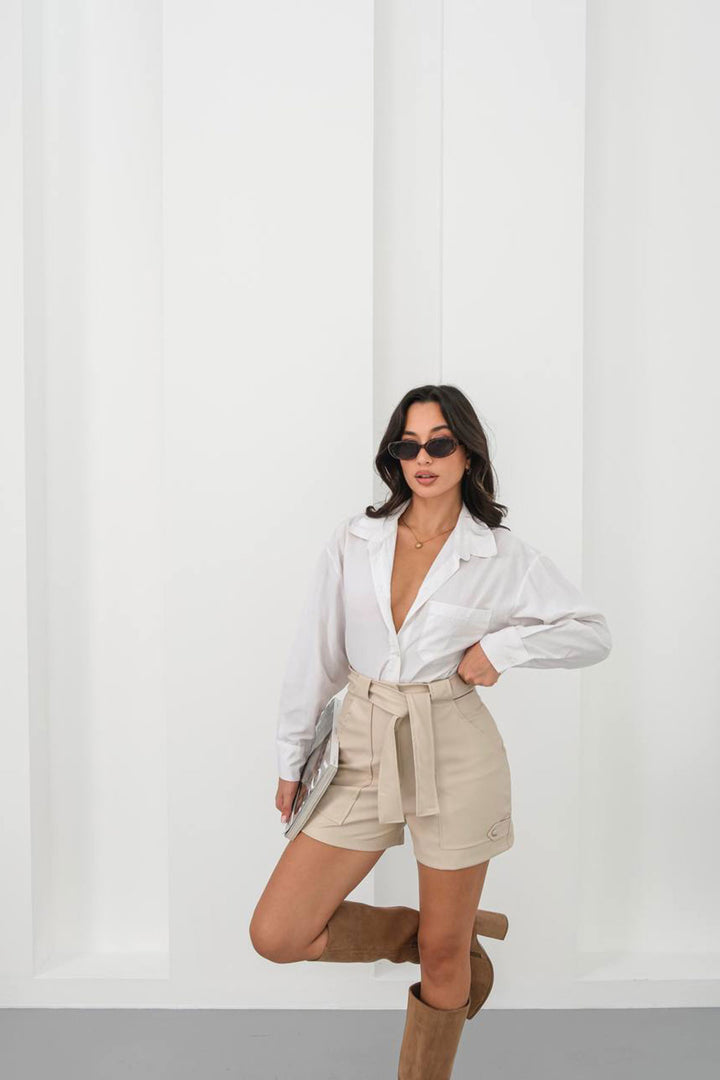Beige Belted Wide Pocket Shorts BCHN-25260086 - Mariano Escobedo