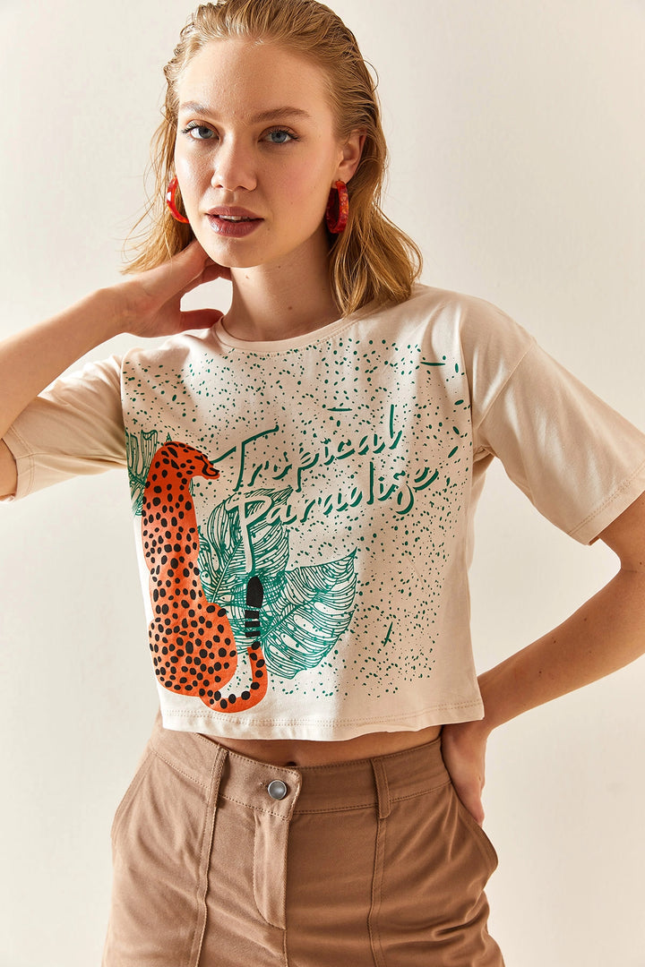 Beige Leopard Print Crop Cotton T-Shirt BC241117 - Dresden
