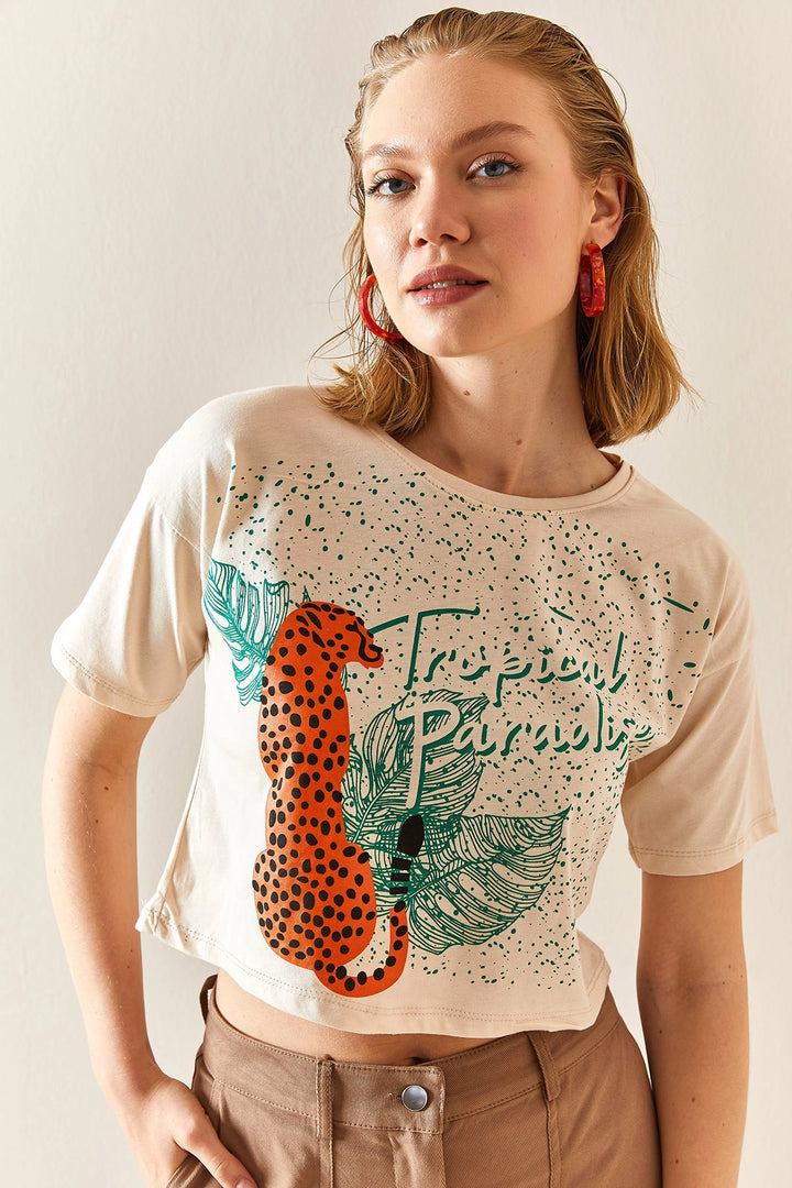 Beige Leopard Print Crop Cotton T-Shirt BC241117 - Dresden