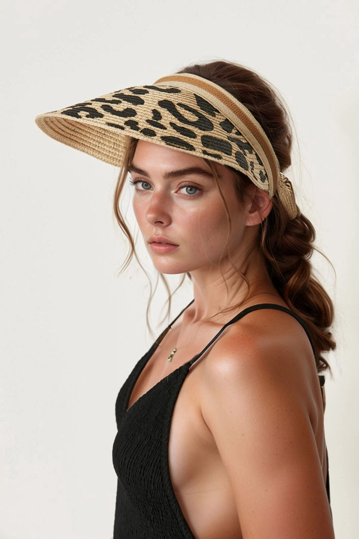 Beige Leopard Print Straw Visor Hat BCNSV-2514403 - Temple