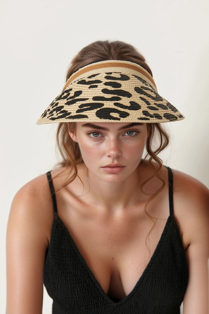 Beige Leopard Print Straw Visor Hat BCNSV-2514403 - Temple