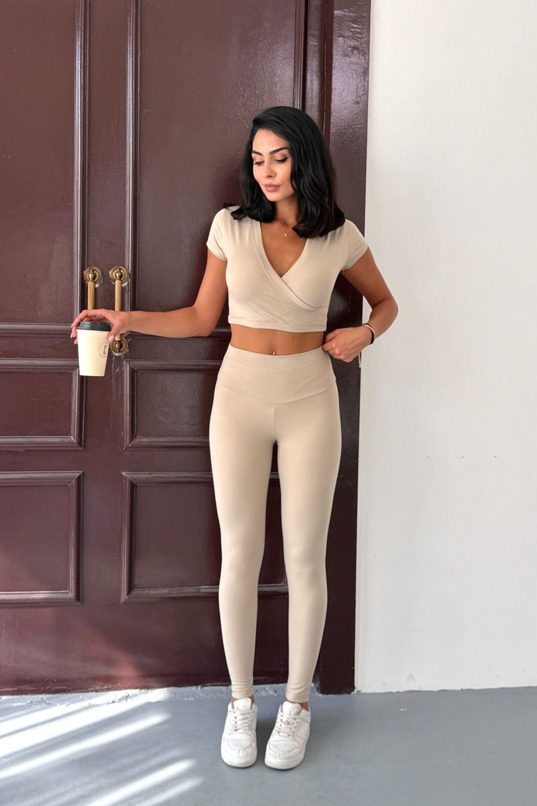 Beige Light Touch Soft Textured Wrap Blouse and Leggings Set BCCM-253002 - Hennef