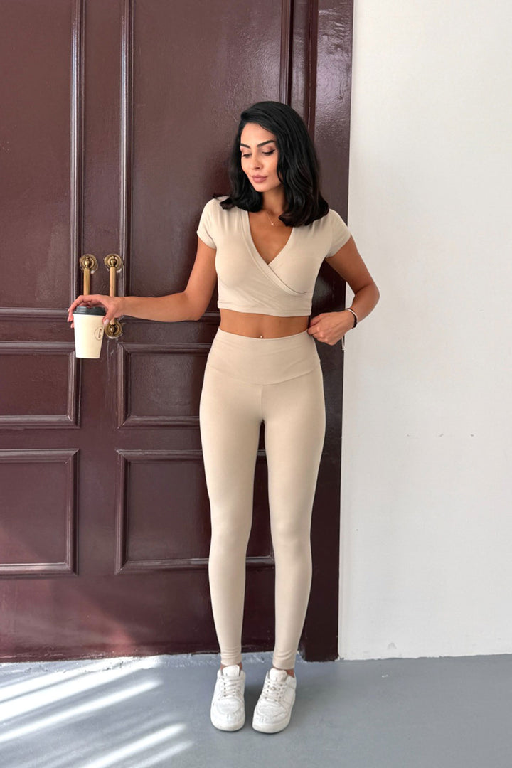 Beige Light Touch Soft Textured Wrap Blouse and Leggings Set BCCM-253002 - Hennef