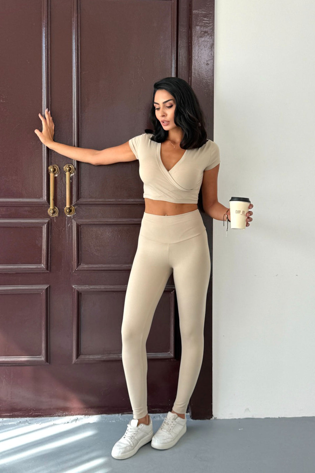 Beige Light Touch Soft Textured Wrap Blouse and Leggings Set BCCM-253002 - Hennef