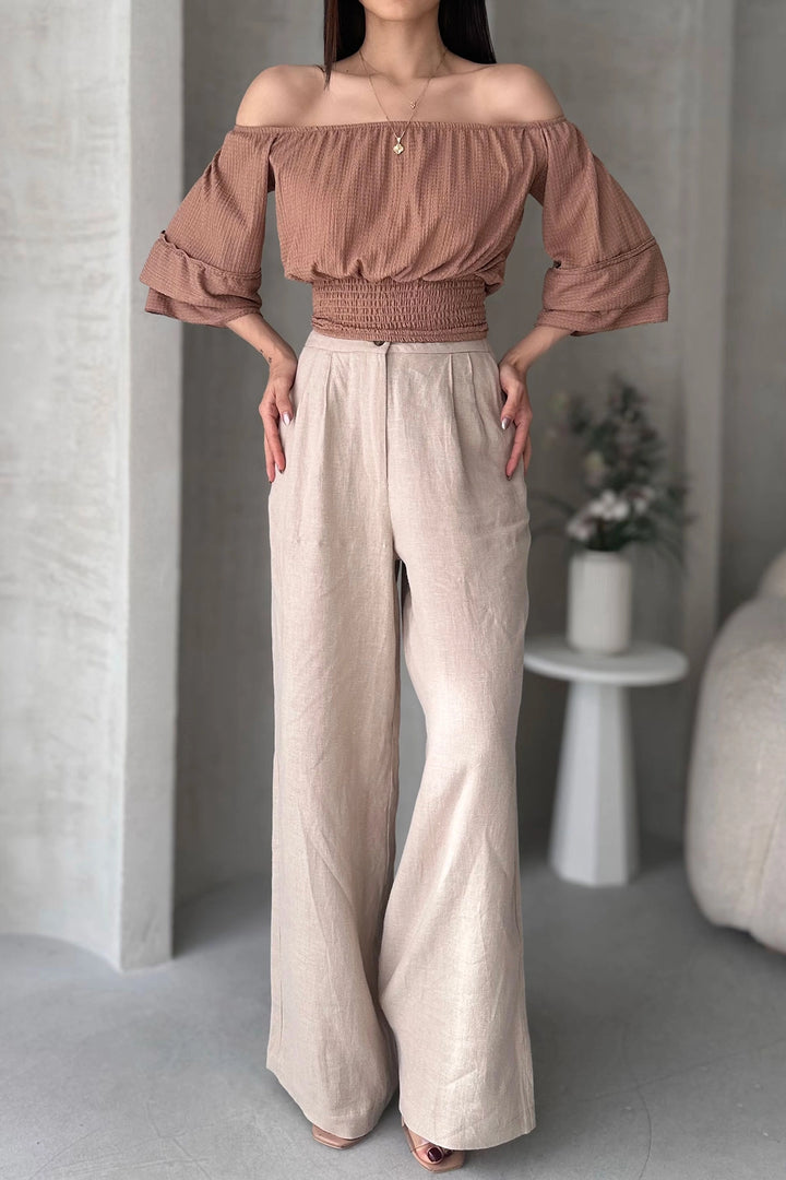 Beige Madonna Neck Ruffled Blouse BCDF-252197 - Pinneberg