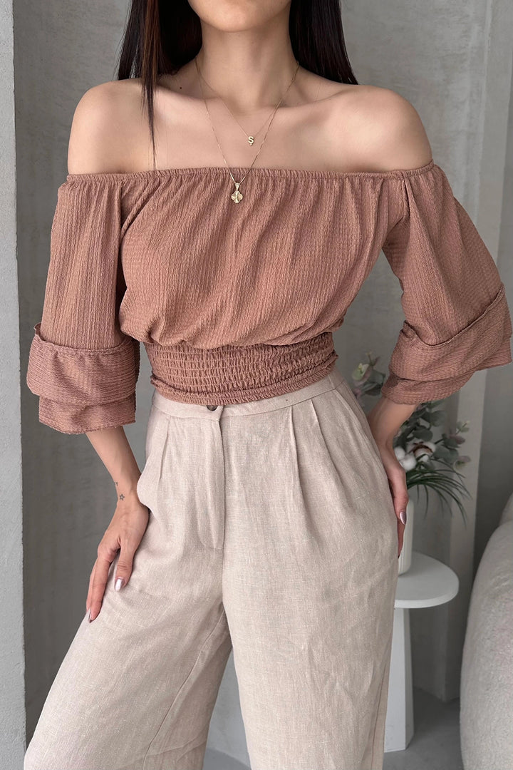 Beige Madonna Neck Ruffled Blouse BCDF-252197 - Pinneberg
