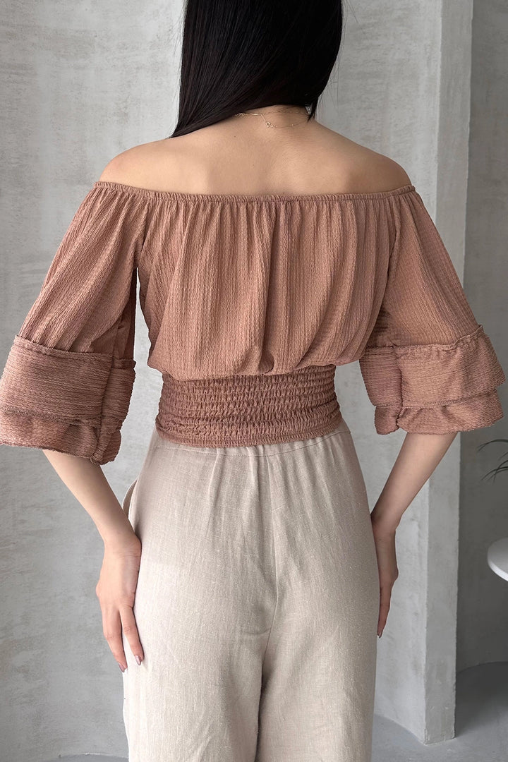 Beige Madonna Neck Ruffled Blouse BCDF-252197 - Pinneberg