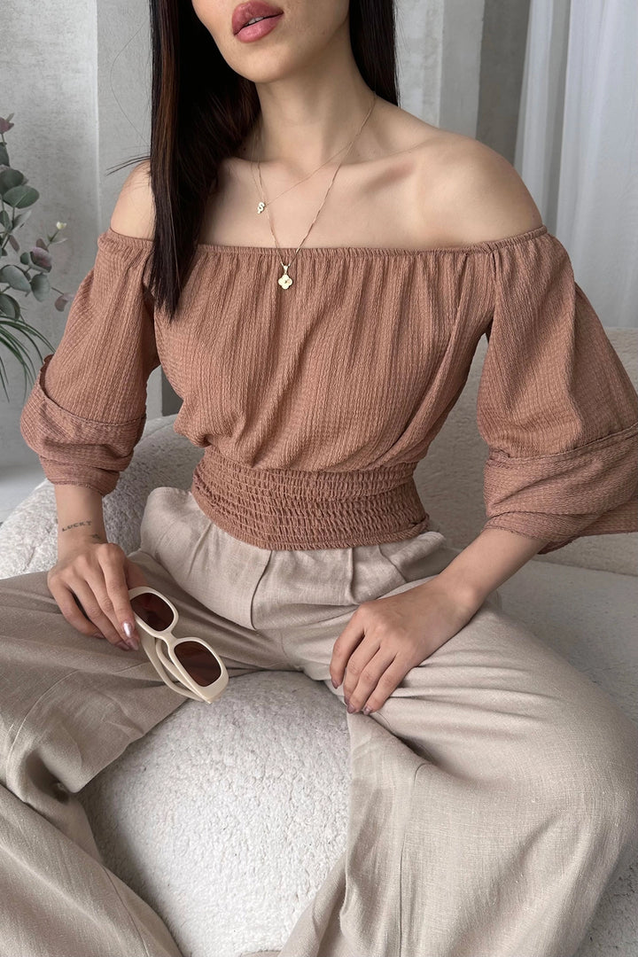 Beige Madonna Neck Ruffled Blouse BCDF-252197 - Pinneberg