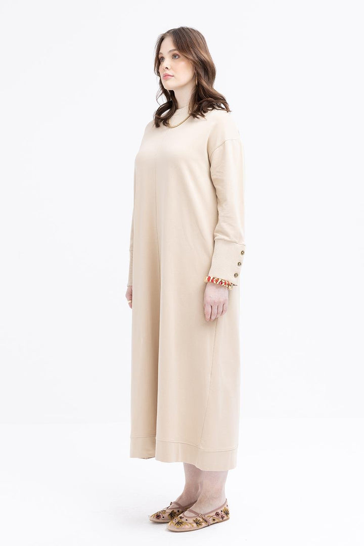 TLD Women Allday Beige Beige Front Page Thick Ribbed Button Detailed Lycra Plus Size Dress - Vaughan