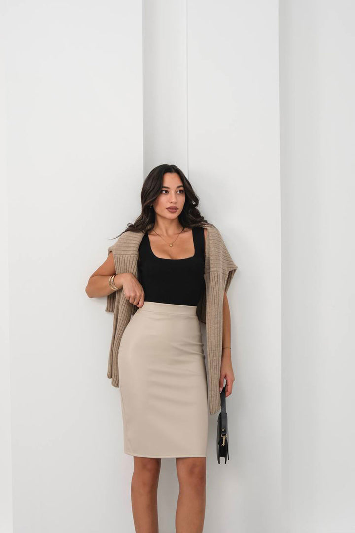 Beige Midi Faux Leather Pencil Skirt BCHN-2526780 - Wismar