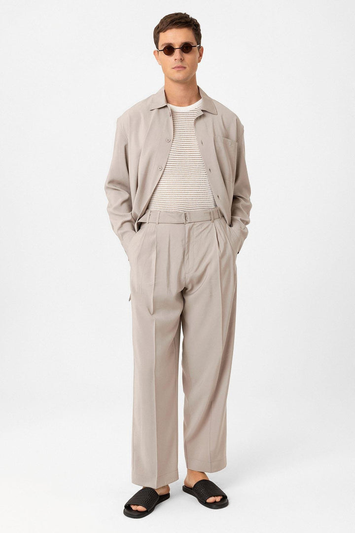 ANT Antioch Beige Modal Fabric Relax Fit Belted Men's Pants - Valongo