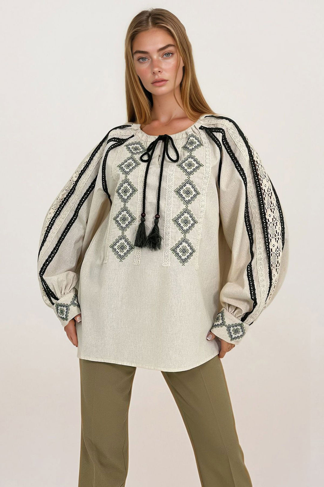 Beige Embroidered Lace-Up Blouse BCHESQ-251133 - Hückelhoven