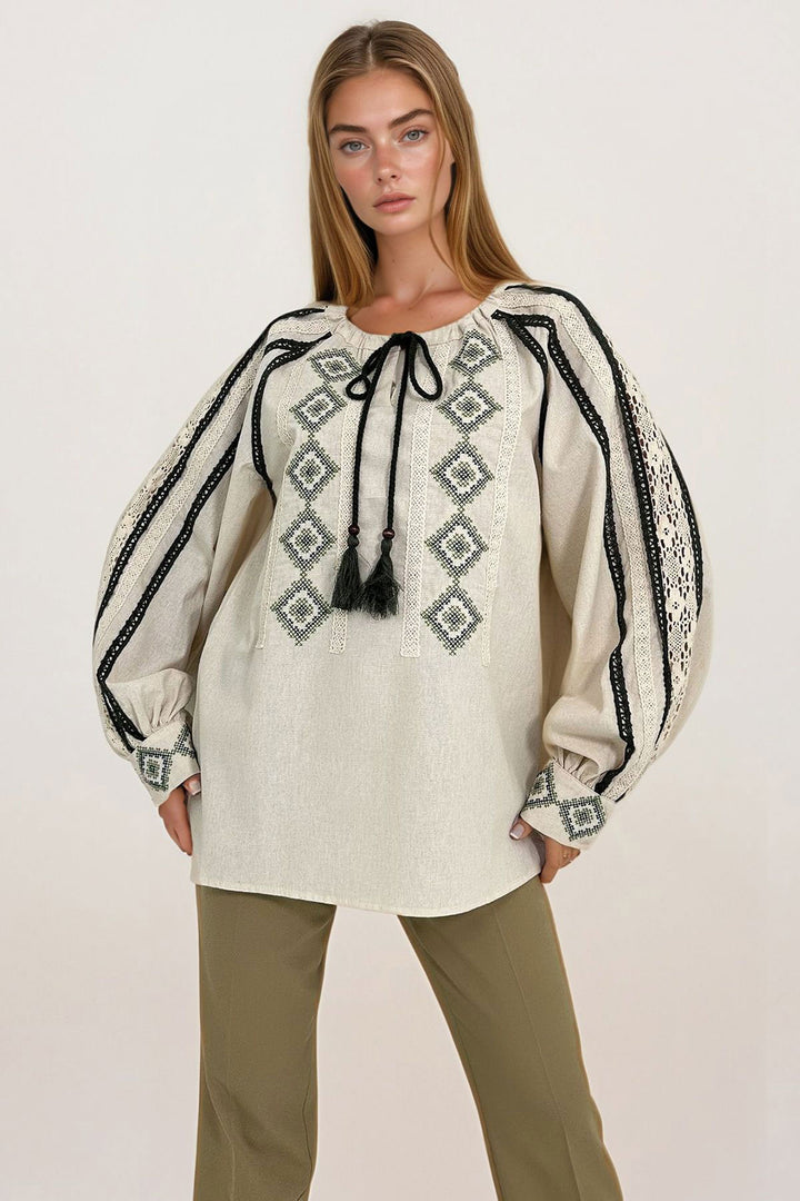 Beige Embroidered Lace-Up Blouse BCHESQ-251133 - Hückelhoven