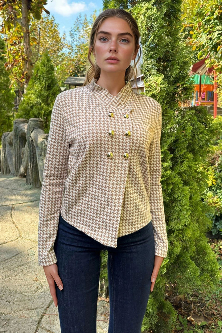 Beige Napoleon Buttoned Judge Collar Plaid Jacket BCBSK-25700-3512 - Waterloo