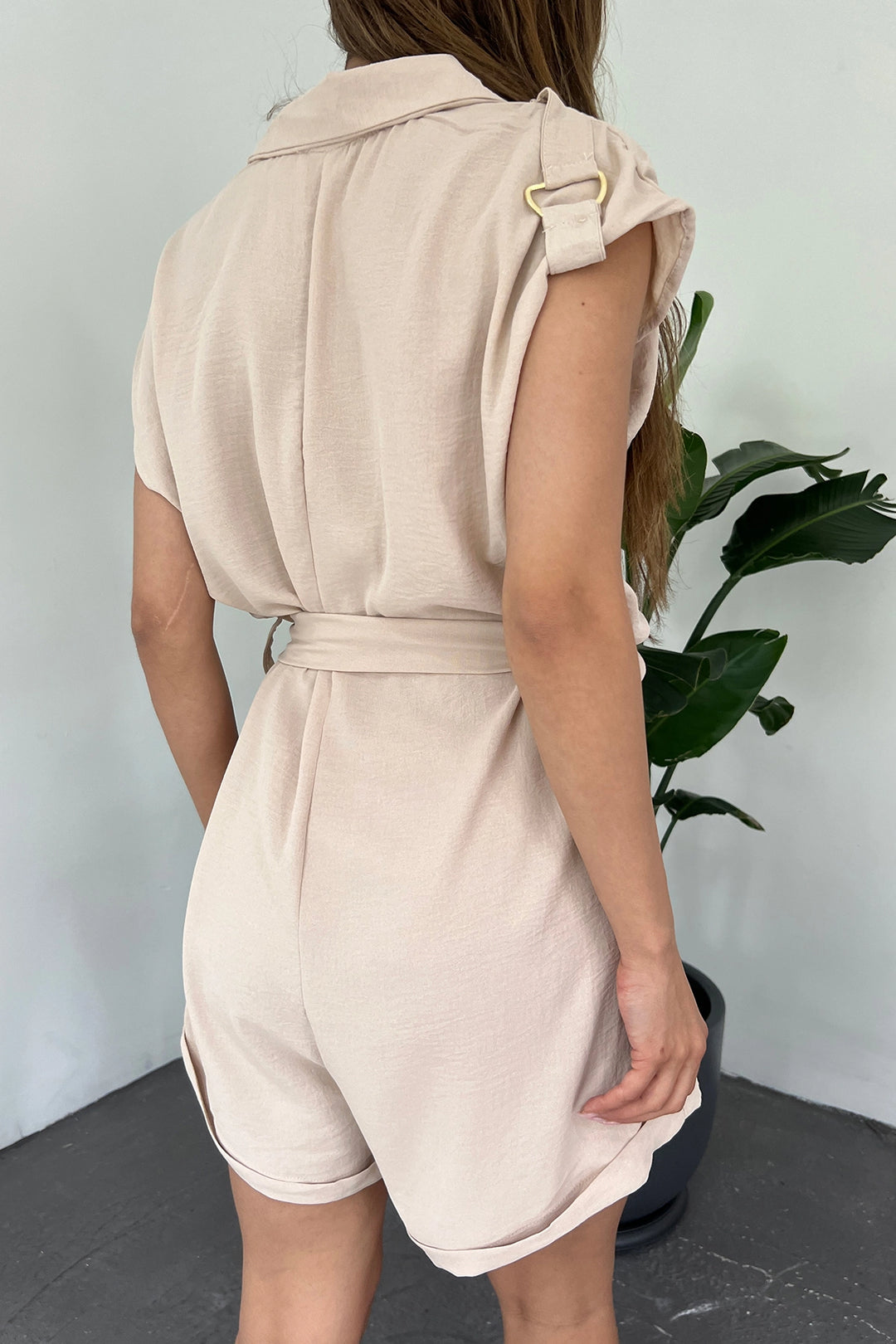 Beige Shoulder Epaulet Belted Aerobin Woven Shorts Jumpsuit BCDF-238802 - Steinfurt