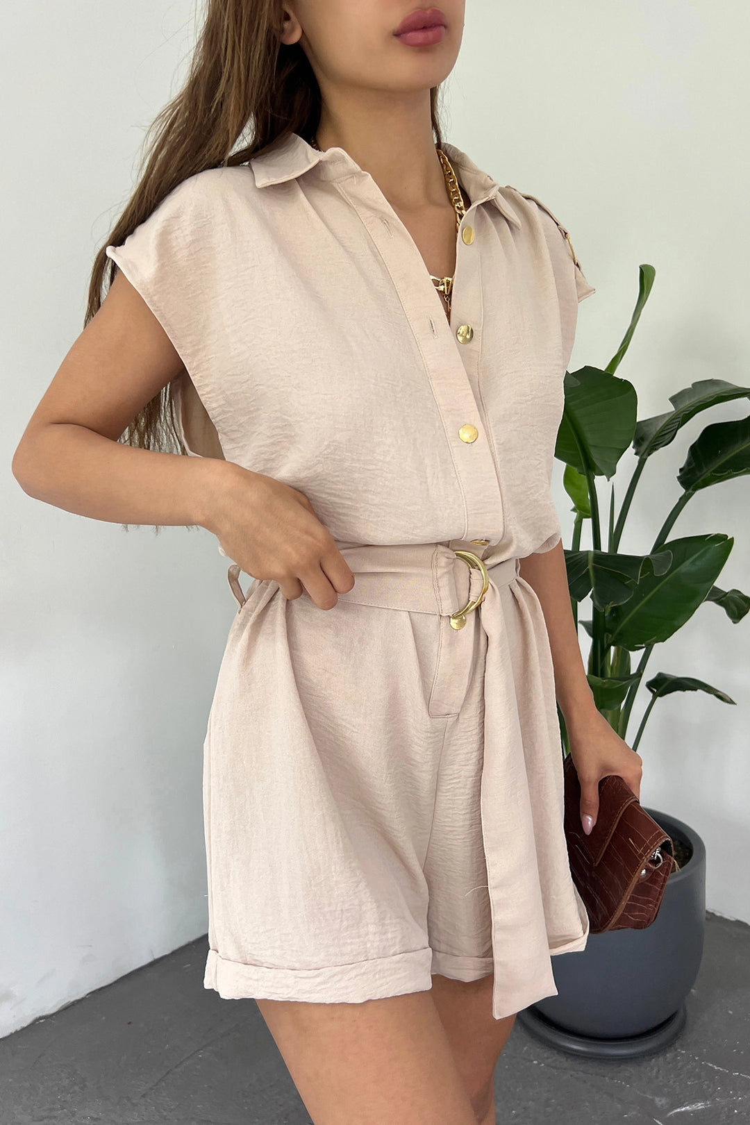 Beige Shoulder Epaulet Belted Aerobin Woven Shorts Jumpsuit BCDF-238802 - Steinfurt