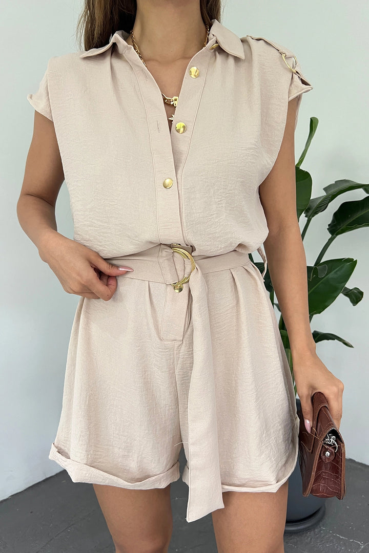 Beige Shoulder Epaulet Belted Aerobin Woven Shorts Jumpsuit BCDF-238802 - Steinfurt