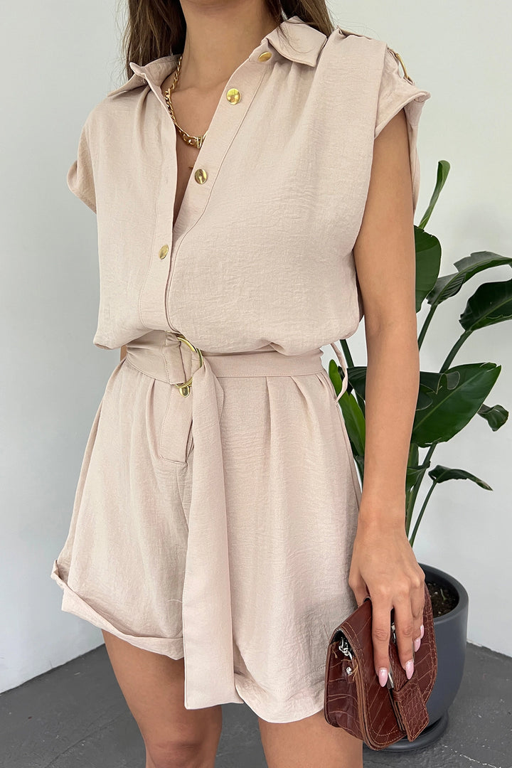 Beige Shoulder Epaulet Belted Aerobin Woven Shorts Jumpsuit BCDF-238802 - Steinfurt