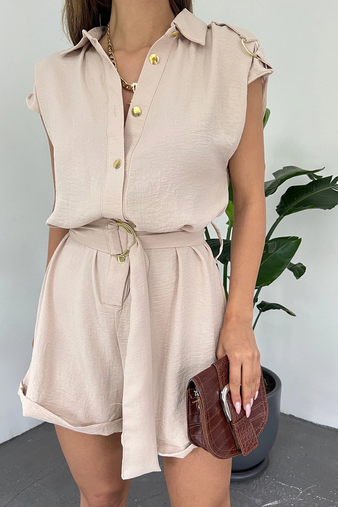 Beige Shoulder Epaulet Belted Aerobin Woven Shorts Jumpsuit BCDF-238802 - Steinfurt