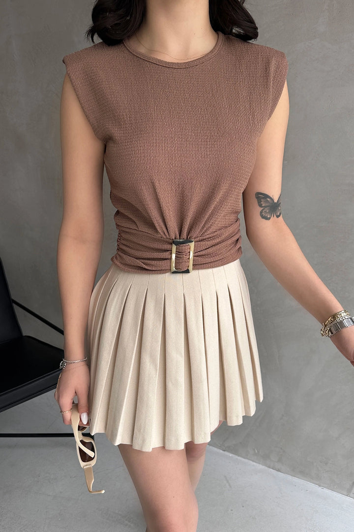 Beige Shoulder Padded Waist Belted Ruffled Blouse BCDF-252164 - San Juan de los Lagos