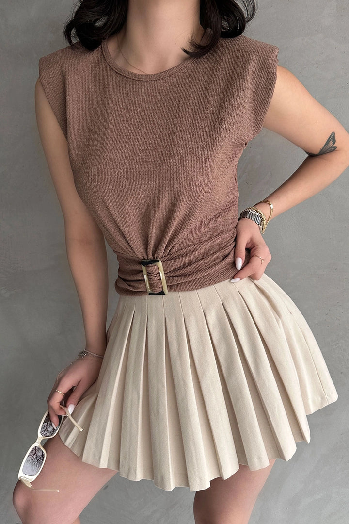 Beige Shoulder Padded Waist Belted Ruffled Blouse BCDF-252164 - San Juan de los Lagos