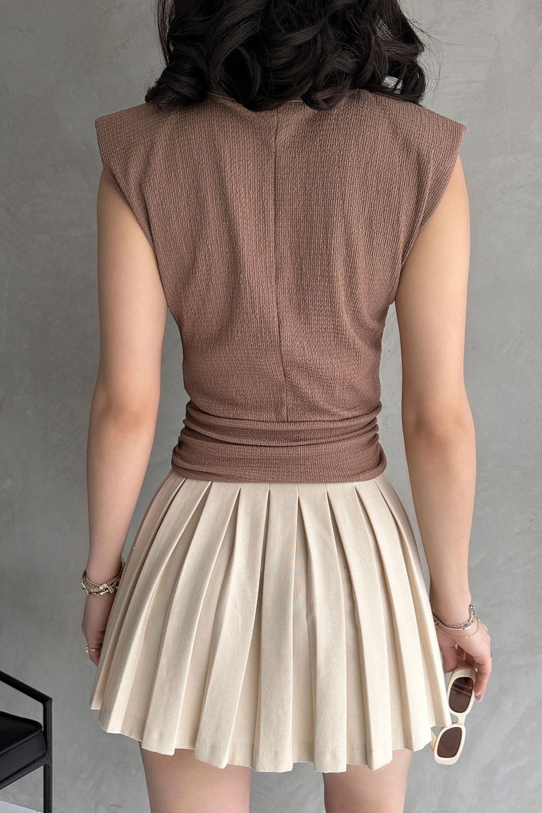 Beige Shoulder Padded Waist Belted Ruffled Blouse BCDF-252164 - San Juan de los Lagos