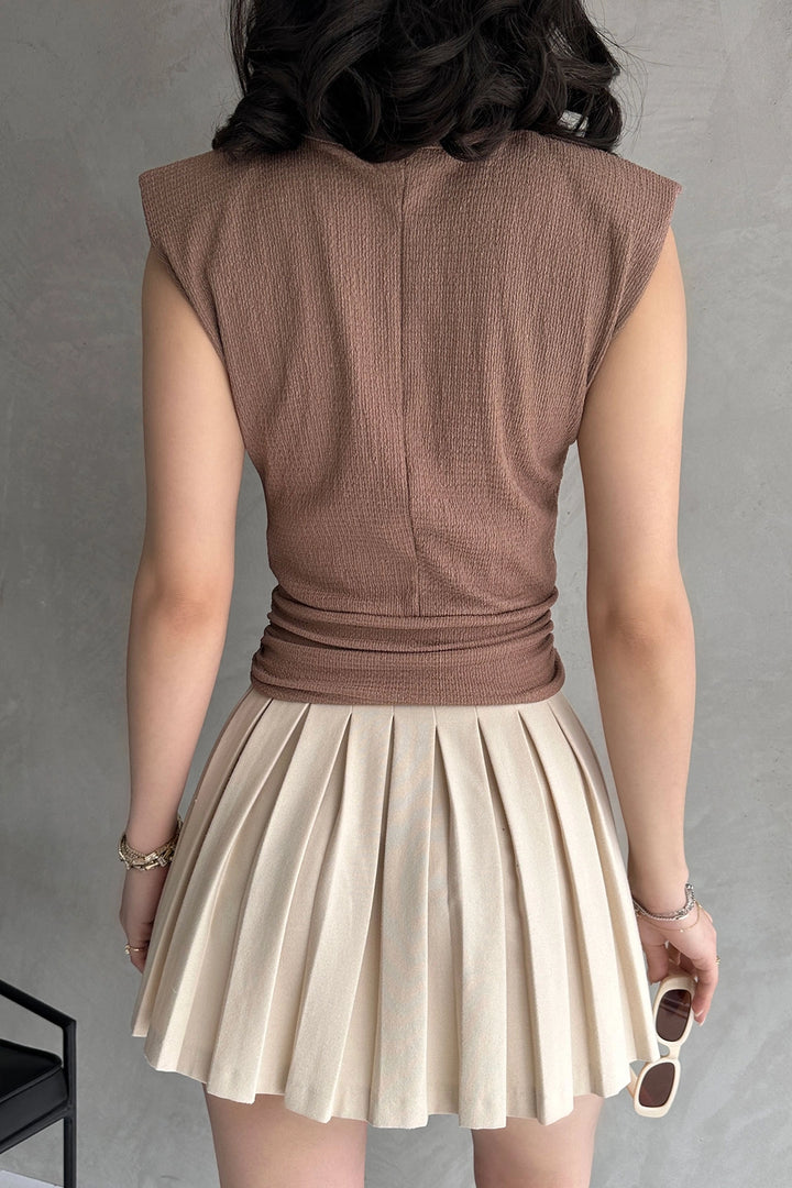 Beige Shoulder Padded Waist Belted Ruffled Blouse BCDF-252164 - San Juan de los Lagos