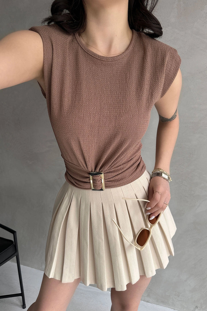 Beige Shoulder Padded Waist Belted Ruffled Blouse BCDF-252164 - San Juan de los Lagos