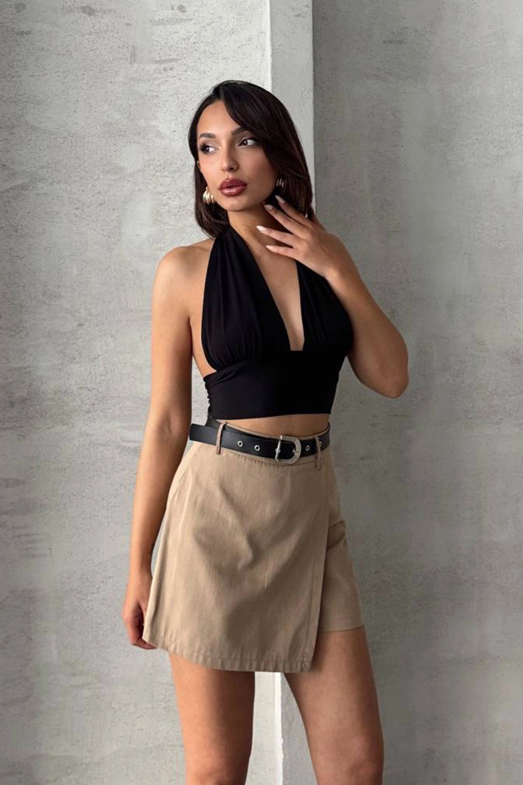 Beige Front Flap Corduroy Belted Shorts Skirt BCHN-25250507 - Winslow