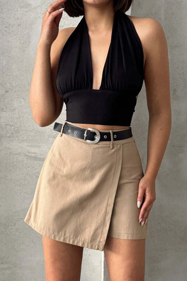 Beige Front Flap Corduroy Belted Shorts Skirt BCHN-25250507 - Winslow