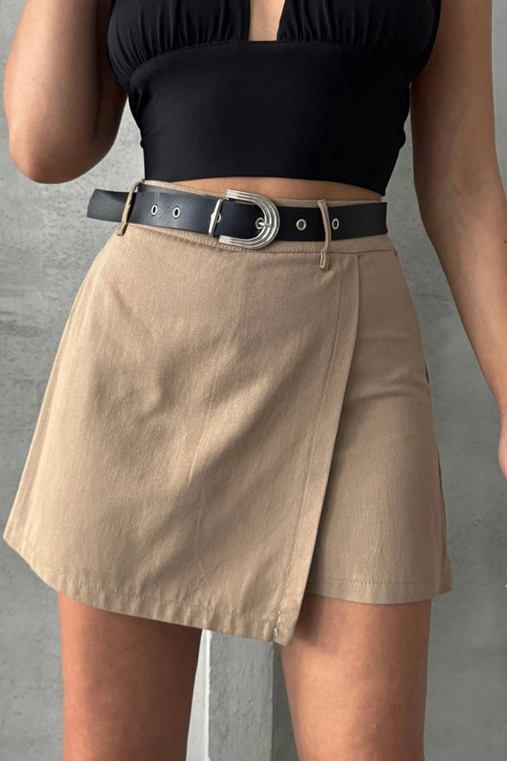 Beige Front Flap Corduroy Belted Shorts Skirt BCHN-25250507 - Winslow