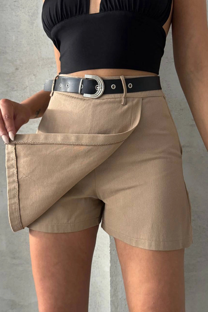 Beige Front Flap Corduroy Belted Shorts Skirt BCHN-25250507 - Winslow