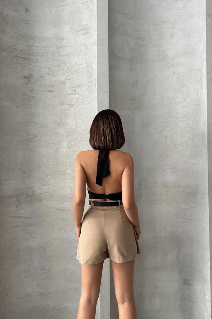 Beige Front Flap Corduroy Belted Shorts Skirt BCHN-25250507 - Winslow