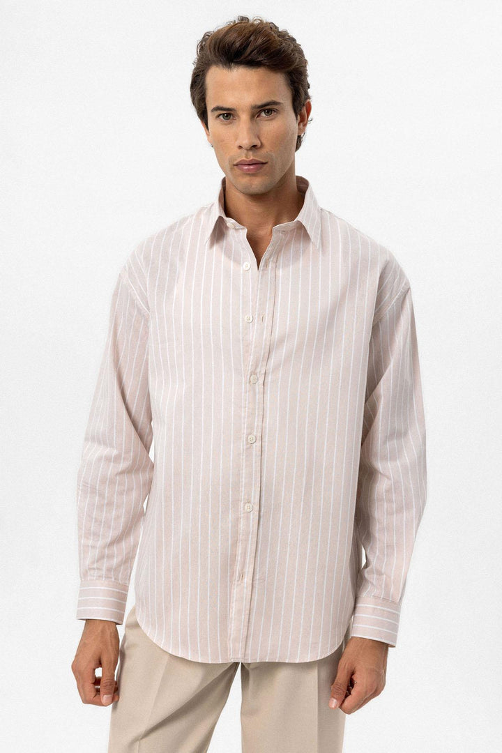 ANT Antioch Bej Oversize Striped Men's Shirt - Trois-Rivières