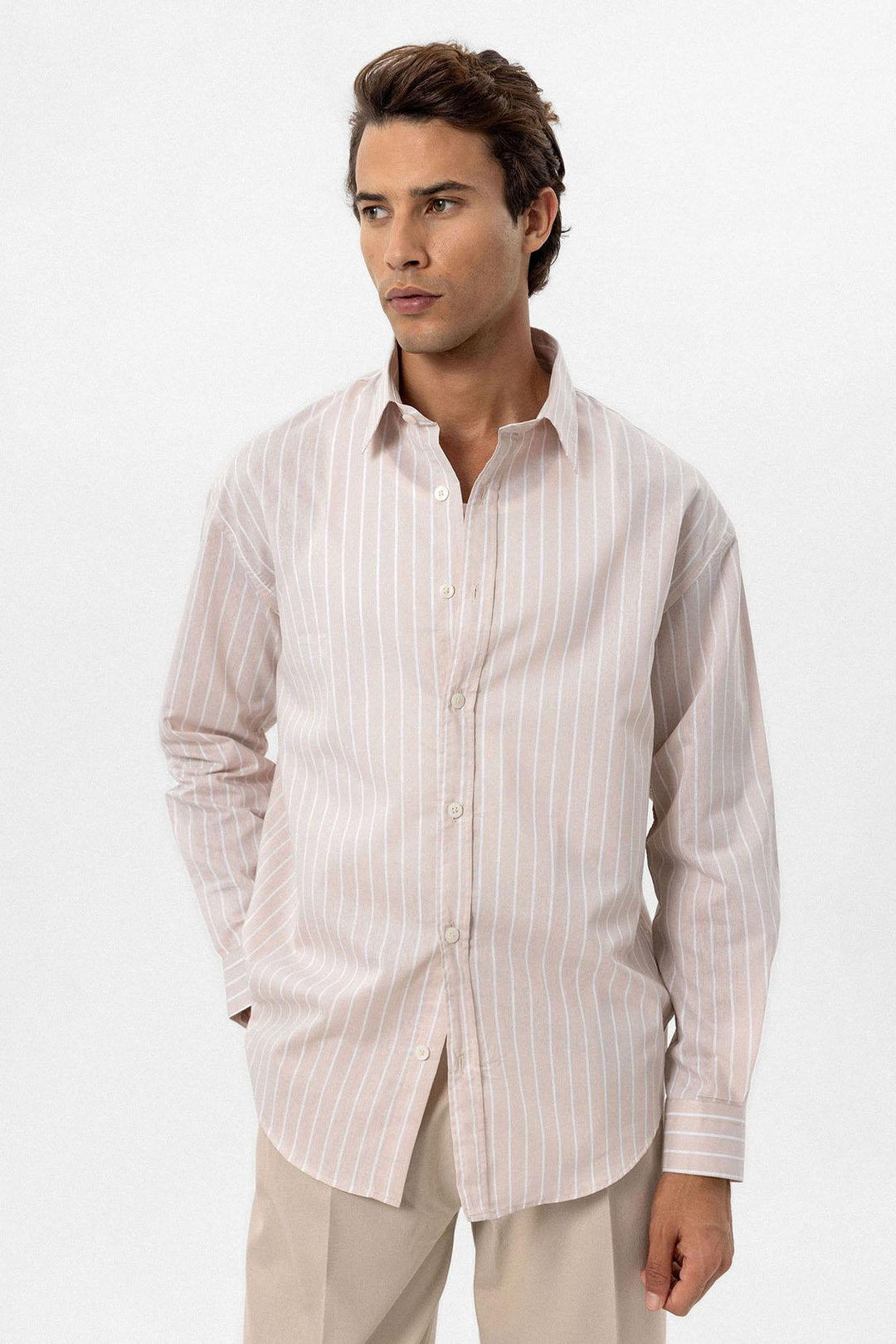 ANT Antioch Bej Oversize Striped Men's Shirt - Trois-Rivières