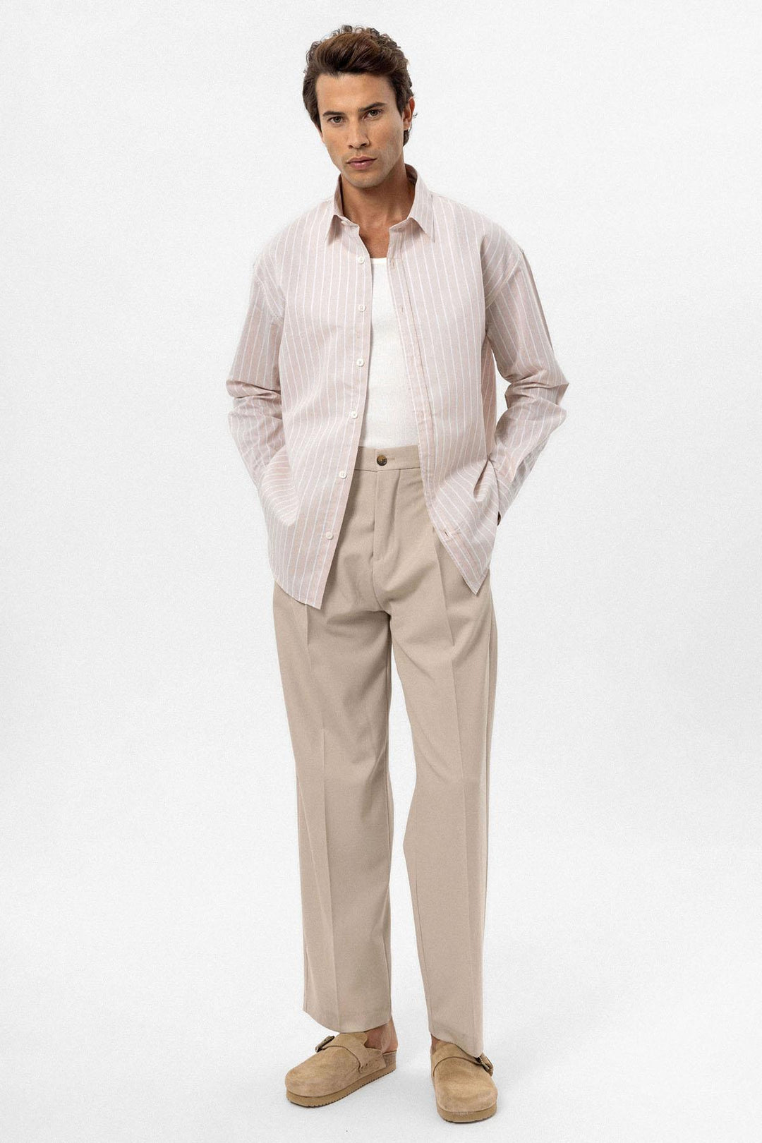 ANT Antioch Bej Oversize Striped Men's Shirt - Trois-Rivières