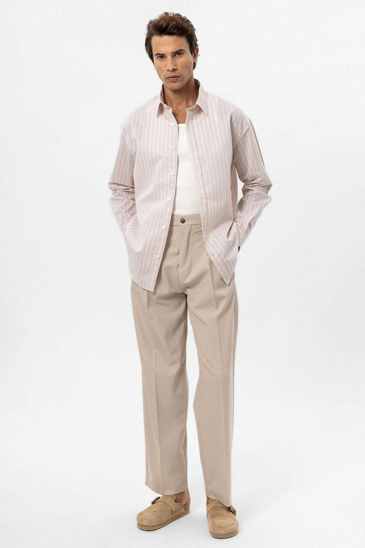 ANT Antioch Bej Oversize Striped Men's Shirt - Trois-Rivières
