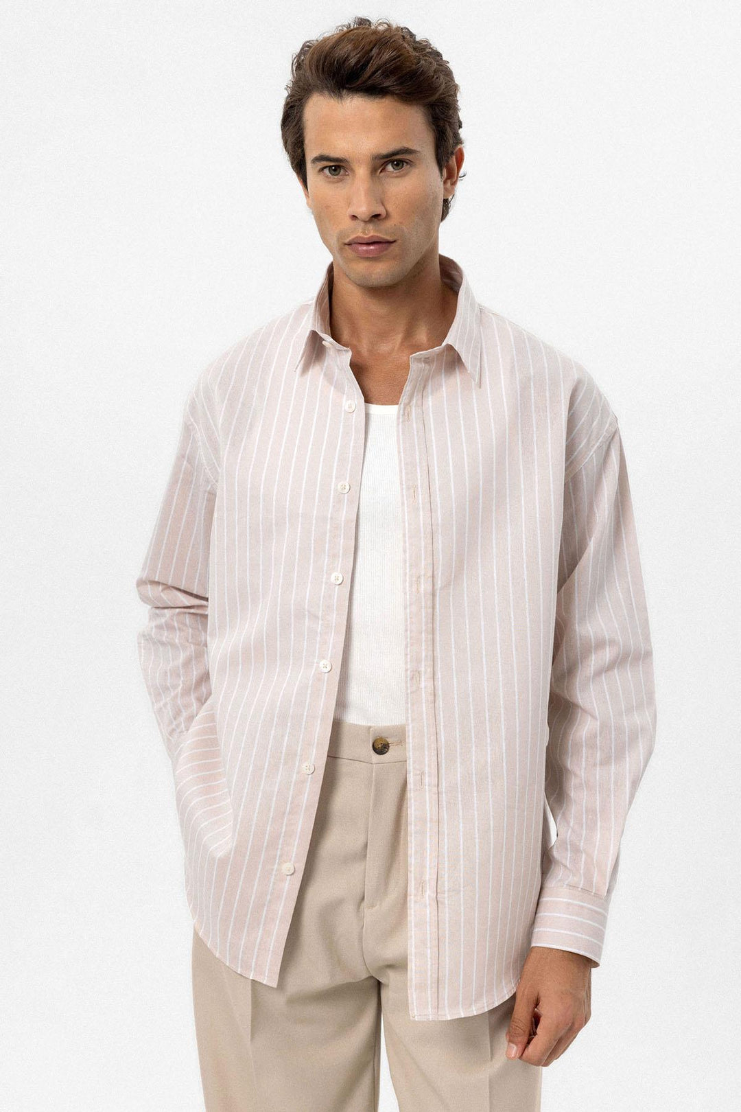 ANT Antioch Bej Oversize Striped Men's Shirt - Trois-Rivières