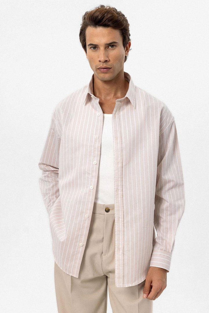 ANT Antioch Bej Oversize Striped Men's Shirt - Trois-Rivières